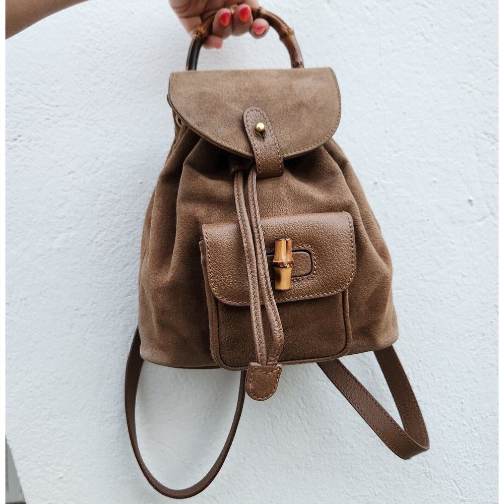 GUCCI VTG Camel Beige Suede and Leather Trim Bamboo Backpack Bag Made in Italy